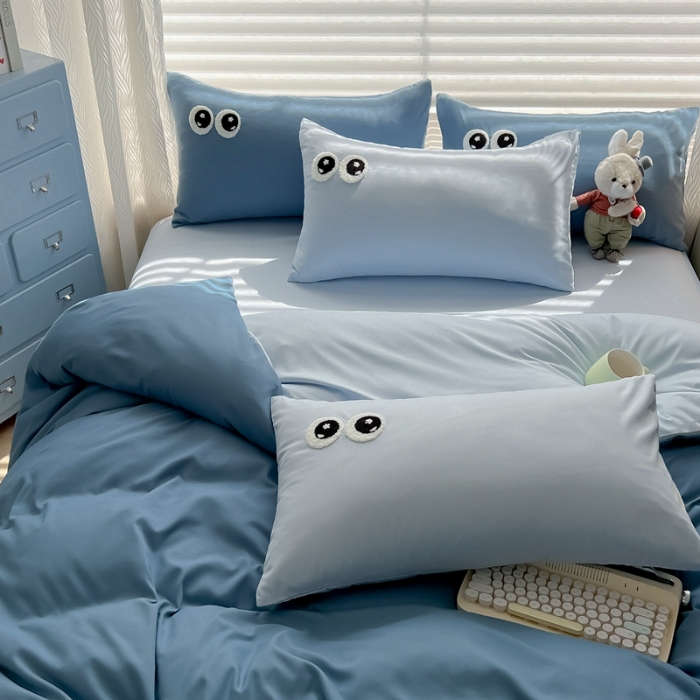 91家纺网 家纺一手货源 找家纺 （总）（有买家秀）2025新款大眼睛毛巾绣双拼水洗棉四件套多巴胺风简约纯色双拼三四件套床品套件