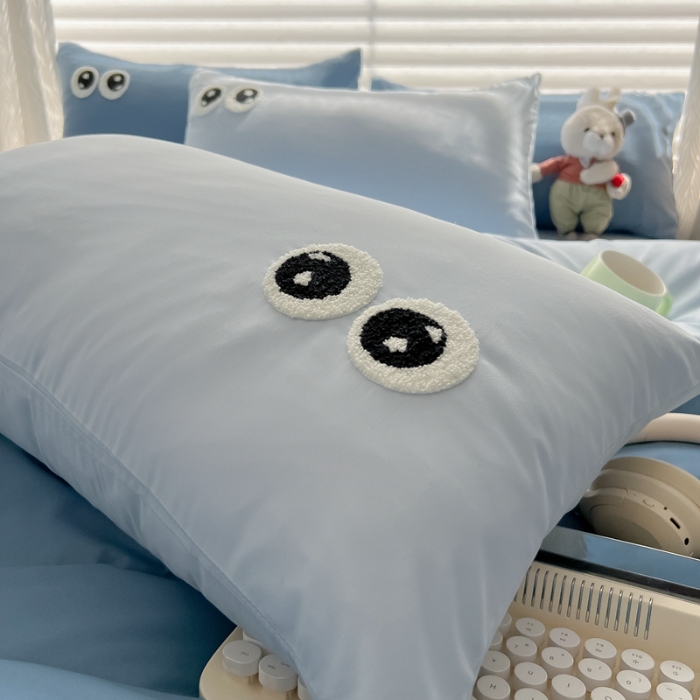 91家纺网 家纺一手货源 找家纺 （总）（有买家秀）2025新款大眼睛毛巾绣双拼水洗棉四件套多巴胺风简约纯色双拼三四件套床品套件