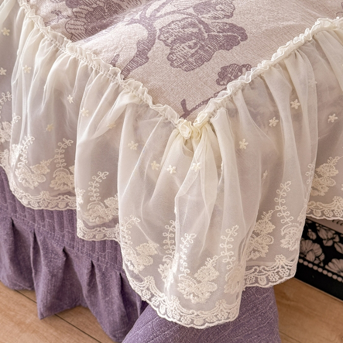 91家纺网 家纺一手货源 找家纺 苏米娜2025秋冬新款法式复古双层花边大蕾丝水洗棉亚麻床盖款四件套全棉纯棉印花小碎花四件套 普罗旺斯