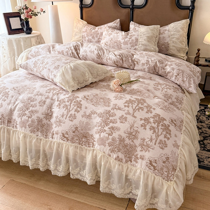 91家纺网 家纺一手货源 找家纺 漫布云2025秋冬新款法式复古双层花边大蕾丝水洗棉亚麻床盖款四件套全棉纯棉印花小碎花四件套 芙琳 