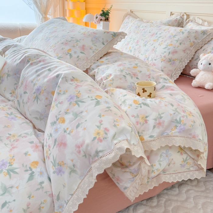 91家纺网 家纺一手货源 找家纺 （总）【苏东来】2025韩版蕾丝花边纯棉全棉双层纱四件套全棉纯棉小碎花印花四件套法式赫本公主风韩系皱皱纱花边四件套针织棉四件套件