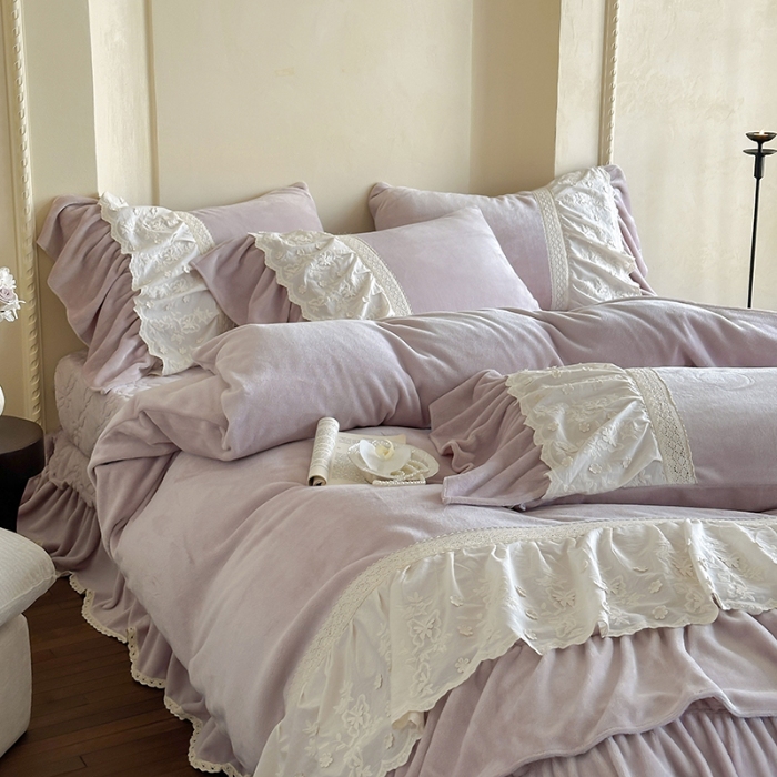 91家纺网 家纺一手货源 找家纺 惯盈家纺 2025新款秋冬A类牛奶绒浮雕刺绣花边法式公主裙床盖床裙四件套-里约油画(含买家秀） 砂紫