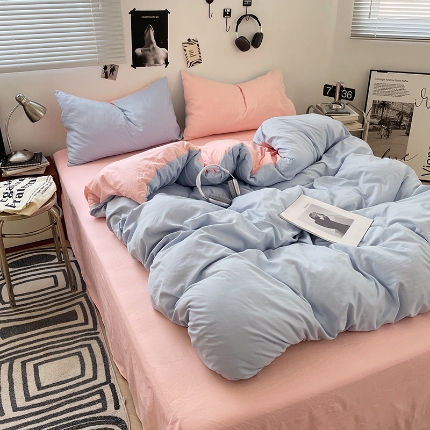 91家纺网 家纺一手货源 找家纺 （总）2025新款纯色双拼水洗棉四件套简约撞色系床单被套枕套床上用品