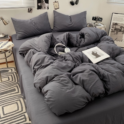 91家纺网 家纺一手货源 找家纺 （总）2025新款纯色双拼水洗棉四件套简约撞色系床单被套枕套床上用品