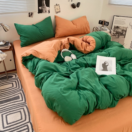 91家纺网 家纺一手货源 找家纺 （总）2025新款纯色双拼水洗棉四件套简约撞色系床单被套枕套床上用品