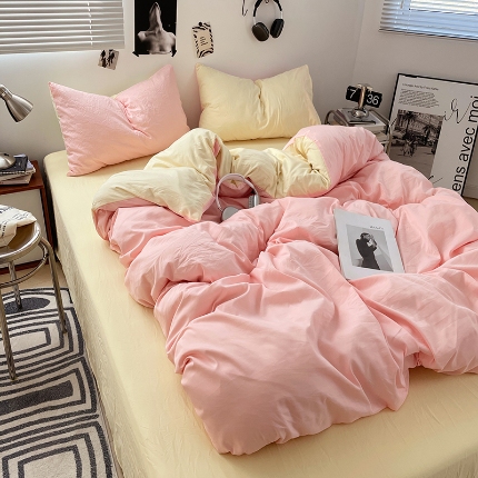 91家纺网 家纺一手货源 找家纺 （总）2025新款纯色双拼水洗棉四件套简约撞色系床单被套枕套床上用品