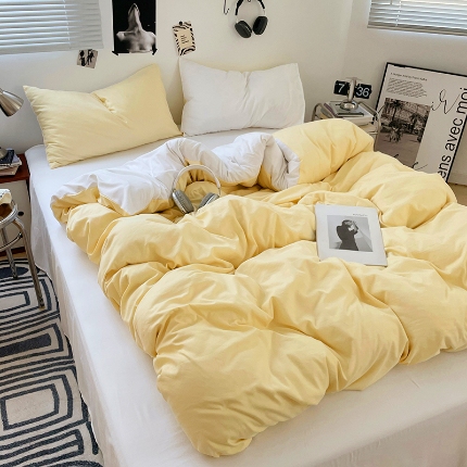 91家纺网 家纺一手货源 找家纺 （总）2025新款纯色双拼水洗棉四件套简约撞色系床单被套枕套床上用品