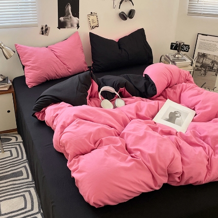 91家纺网 家纺一手货源 找家纺 （总）2025新款纯色双拼水洗棉四件套简约撞色系床单被套枕套床上用品