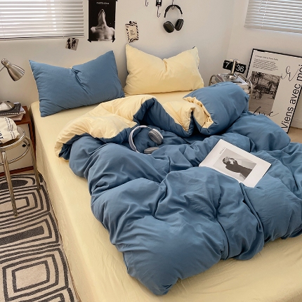 91家纺网 家纺一手货源 找家纺 （总）2025新款纯色双拼水洗棉四件套简约撞色系床单被套枕套床上用品