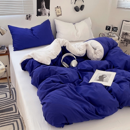 91家纺网 家纺一手货源 找家纺 （总）2025新款纯色双拼水洗棉四件套简约撞色系床单被套枕套床上用品