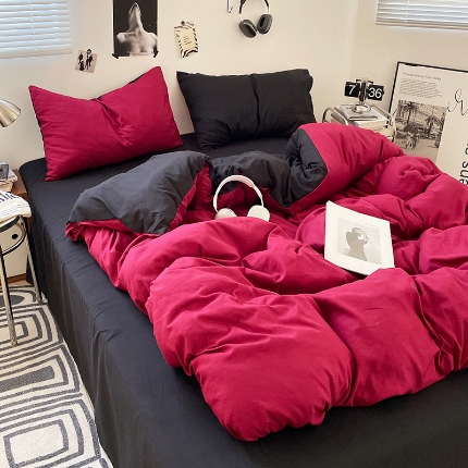 91家纺网 家纺一手货源 找家纺 （总）2025新款纯色双拼水洗棉四件套简约撞色系床单被套枕套床上用品