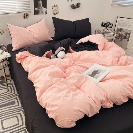 91家纺网 家纺一手货源 找家纺 （总）2025新款纯色双拼水洗棉四件套简约撞色系床单被套枕套床上用品