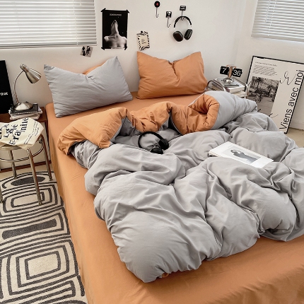 91家纺网 家纺一手货源 找家纺 （总）2025新款纯色双拼水洗棉四件套简约撞色系床单被套枕套床上用品