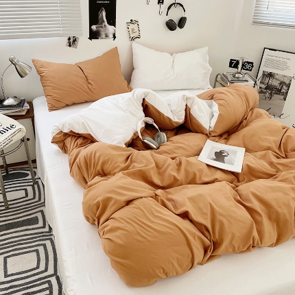 91家纺网 家纺一手货源 找家纺 （总）2025新款纯色双拼水洗棉四件套简约撞色系床单被套枕套床上用品