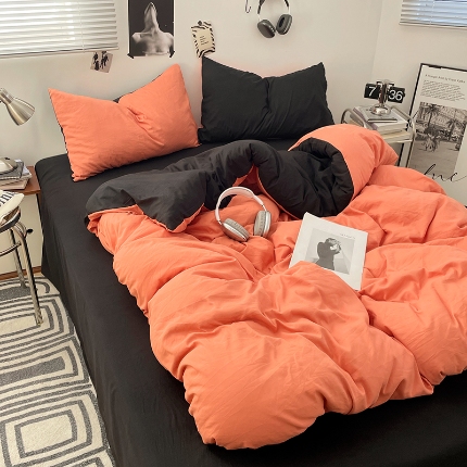 91家纺网 家纺一手货源 找家纺 （总）2025新款纯色双拼水洗棉四件套简约撞色系床单被套枕套床上用品