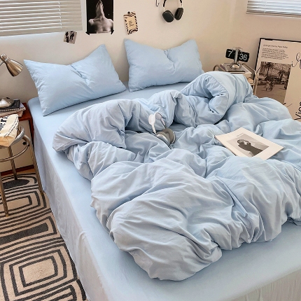 91家纺网 家纺一手货源 找家纺 （总）2025新款纯色双拼水洗棉四件套简约撞色系床单被套枕套床上用品