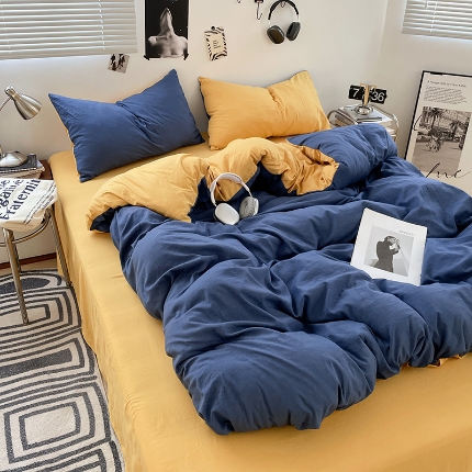 （总）2025新款纯色双拼水洗棉四件套简约撞色系床单被套枕套床上用品