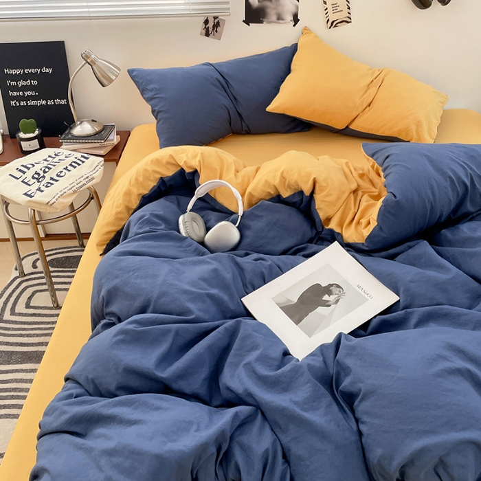 91家纺网 家纺一手货源 找家纺 （总）2025新款纯色双拼水洗棉四件套简约撞色系床单被套枕套床上用品