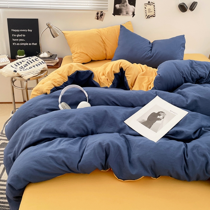 91家纺网 家纺一手货源 找家纺 （总）2025新款纯色双拼水洗棉四件套简约撞色系床单被套枕套床上用品