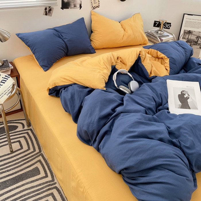 91家纺网 家纺一手货源 找家纺 （总）2025新款纯色双拼水洗棉四件套简约撞色系床单被套枕套床上用品