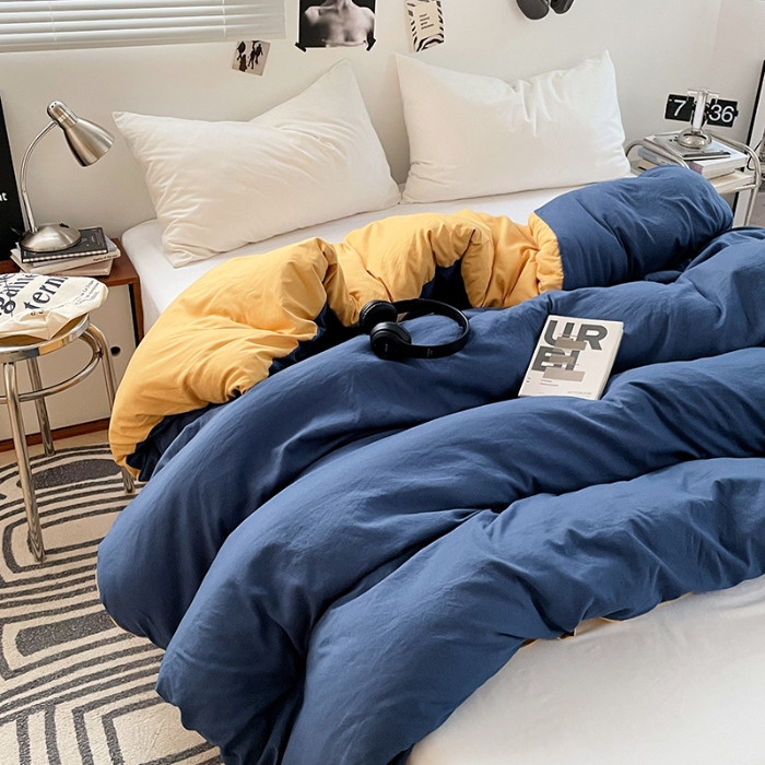 91家纺网 家纺一手货源 找家纺 （总）2025新款纯色双拼水洗棉四件套简约撞色系床单被套枕套床上用品