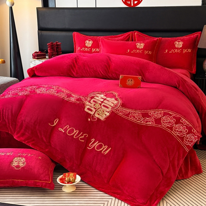 91家纺网 家纺一手货源 找家纺 苏米娜秋冬230g全消光牛奶绒四件套婚庆大红结婚牛奶绒床裙款四件套龙凤百子喜庆被套牛奶绒床盖款四件套 永恒 