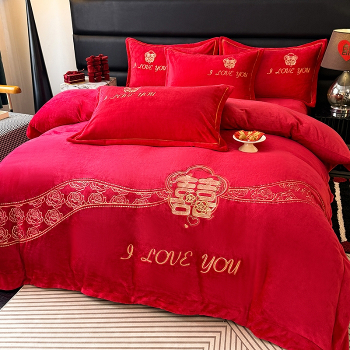 91家纺网 家纺一手货源 找家纺 苏米娜秋冬230g全消光牛奶绒四件套婚庆大红结婚牛奶绒床裙款四件套龙凤百子喜庆被套牛奶绒床盖款四件套 永恒 