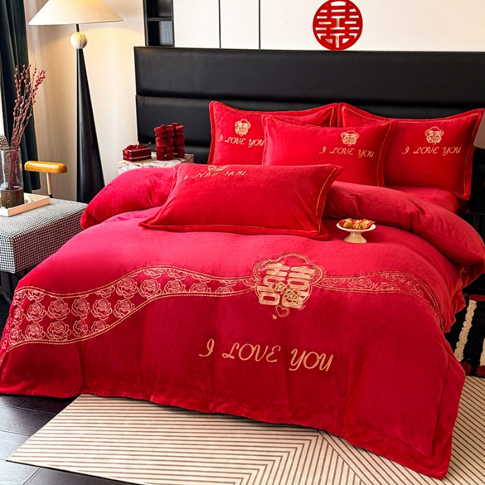 91家纺网 家纺一手货源 找家纺 苏米娜秋冬230g全消光牛奶绒四件套婚庆大红结婚牛奶绒床裙款四件套龙凤百子喜庆被套牛奶绒床盖款四件套 永恒 