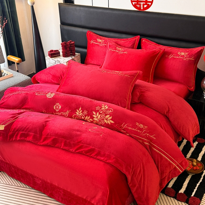 91家纺网 家纺一手货源 找家纺 苏米娜秋冬230g全消光牛奶绒四件套婚庆大红结婚牛奶绒床裙款四件套龙凤百子喜庆被套牛奶绒床盖款四件套  倾城 