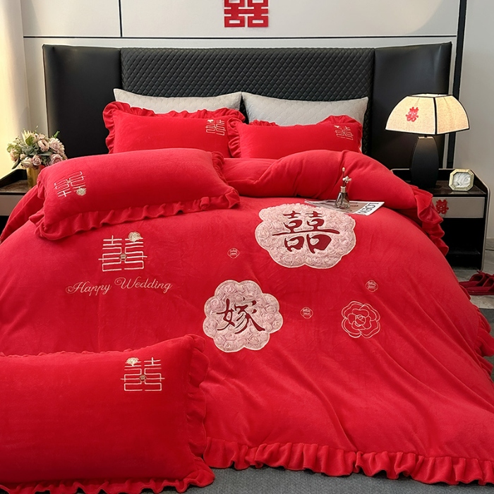 91家纺网 家纺一手货源 找家纺 苏米娜秋冬230g全消光牛奶绒四件套婚庆大红结婚牛奶绒床裙款四件套龙凤百子喜庆被套牛奶绒床盖款四件套  喜嫁 