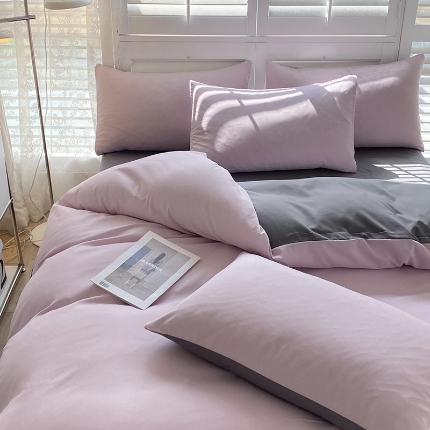 91家纺网 家纺一手货源 找家纺 （总）2025新款纯色双拼水洗棉四件套ins风柔软裸睡床单被套枕套四季通用床上用品