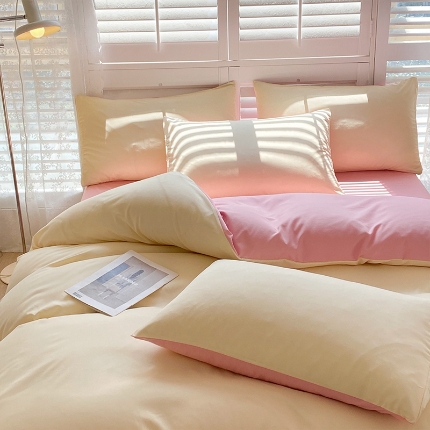 91家纺网 家纺一手货源 找家纺 （总）2025新款纯色双拼水洗棉四件套ins风柔软裸睡床单被套枕套四季通用床上用品