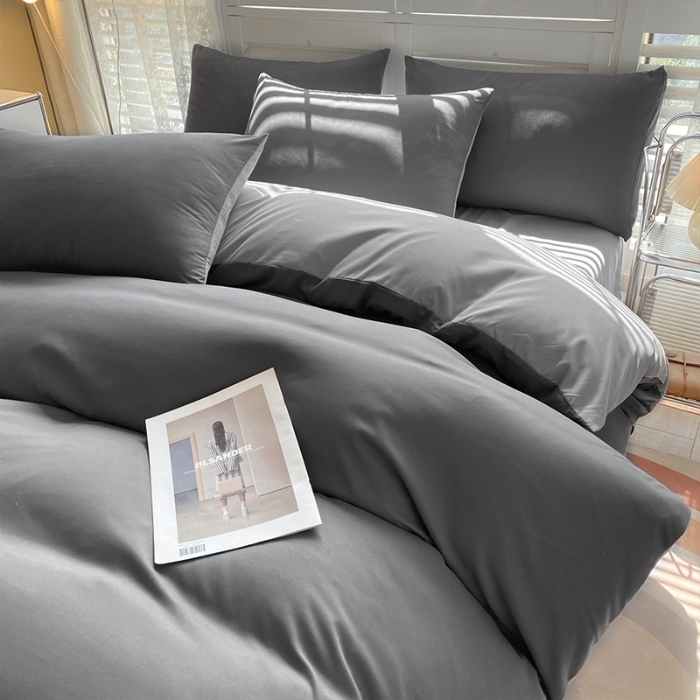 91家纺网 家纺一手货源 找家纺 （总）2025新款纯色双拼水洗棉四件套ins风柔软裸睡床单被套枕套四季通用床上用品