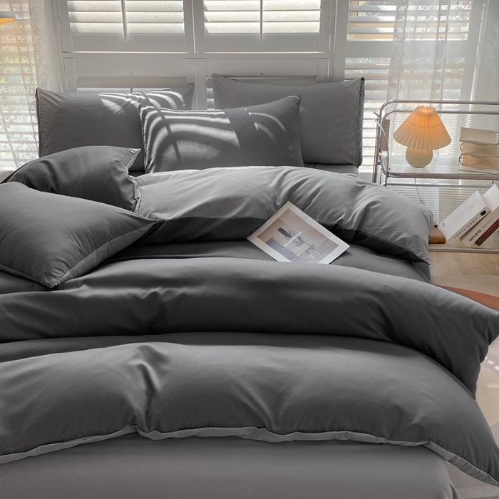 91家纺网 家纺一手货源 找家纺 （总）2025新款纯色双拼水洗棉四件套ins风柔软裸睡床单被套枕套四季通用床上用品