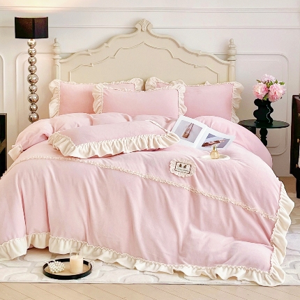 91家纺网 家纺一手货源 找家纺 （总）庭笙 2025新款少女粉浪漫花边8.8/9.8斤加厚牛奶绒床裙四件套-苏韵清风