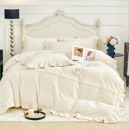 91家纺网 家纺一手货源 找家纺 （总）庭笙 2025新款少女粉浪漫花边8.8/9.8斤加厚牛奶绒床裙四件套-苏韵清风