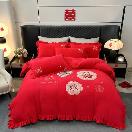 91家纺网 家纺一手货源 找家纺 （总）苏米娜秋冬230g全消光牛奶绒四件套婚庆大红结婚牛奶绒床裙款四件套龙凤百子喜庆被套牛奶绒床盖款四件套