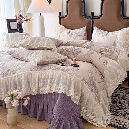 苏米娜2025秋冬新款法式复古双层花边大蕾丝水洗棉亚麻床盖款四件套全棉纯棉印花小碎花四件套  普罗旺斯