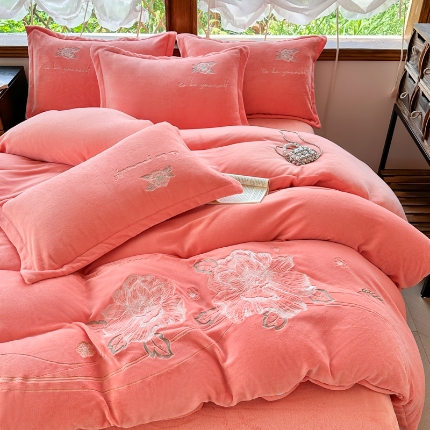 新2025高克重清新公主风纯色花卉230g牛奶绒贴布绣花刺绣四件套床单被套单品加厚纯色花卉高克重牛奶绒贴布刺绣花四件套 花仙子桔色
