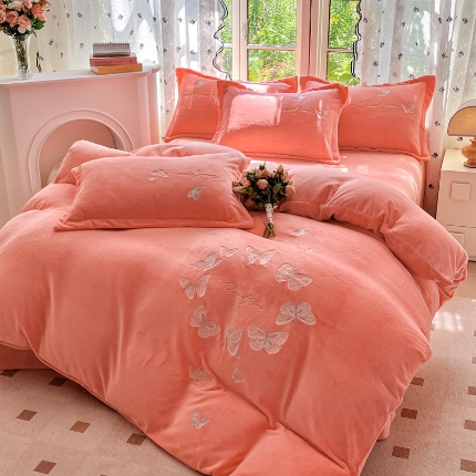 新2025高克重清新公主风纯色花卉230g牛奶绒贴布绣花刺绣四件套床单被套单品加厚纯色花卉高克重牛奶绒贴布刺绣花四件套 蝶舞桔色