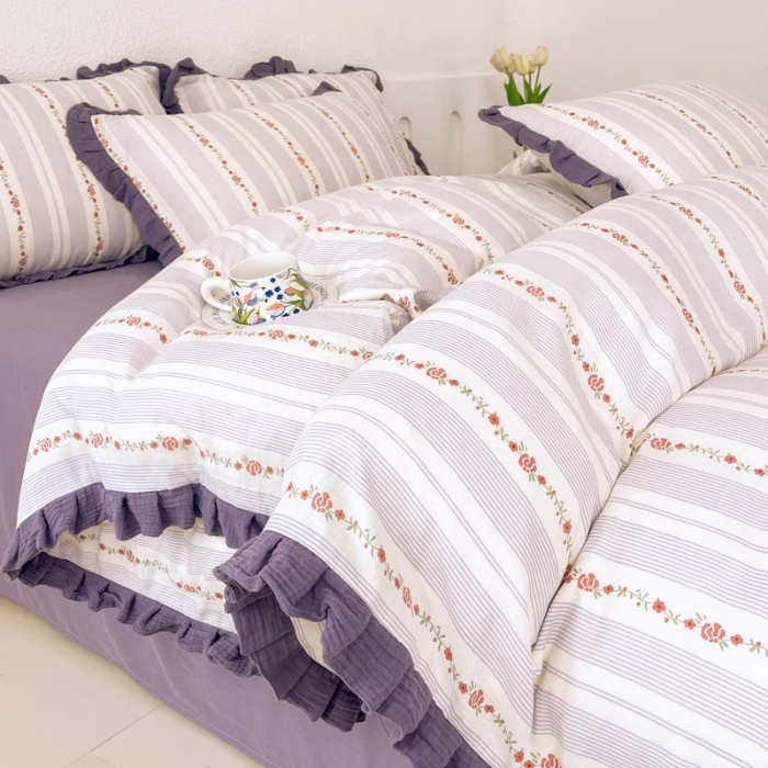 91家纺网 家纺一手货源 找家纺 （总）【苏东来】2025韩版木耳花边纯棉全棉双层纱四件套全棉纯棉小碎花印花四件套法式赫本公主风皱皱纱蕾丝花边四件套针织棉四件套件