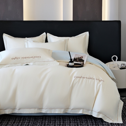 91家纺网 家纺一手货源 找家纺 （总）2025新款全棉长绒棉双拼四件套刺绣轻奢床上用品-简约