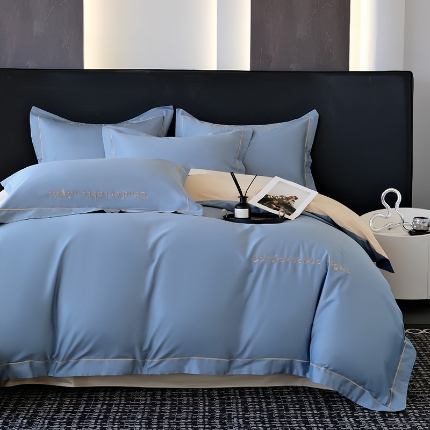 91家纺网 家纺一手货源 找家纺 （总）2025新款全棉长绒棉双拼四件套刺绣轻奢床上用品-简约