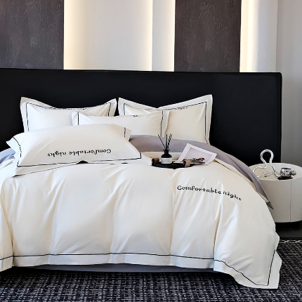 91家纺网 家纺一手货源 找家纺 （总）2025新款全棉长绒棉双拼四件套刺绣轻奢床上用品-简约