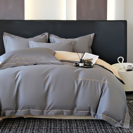 91家纺网 家纺一手货源 找家纺 （总）2025新款全棉长绒棉双拼四件套刺绣轻奢床上用品-简约