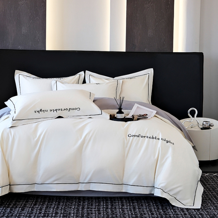 91家纺网 家纺一手货源 找家纺 （总）2025新款全棉长绒棉双拼四件套刺绣轻奢床上用品-简约