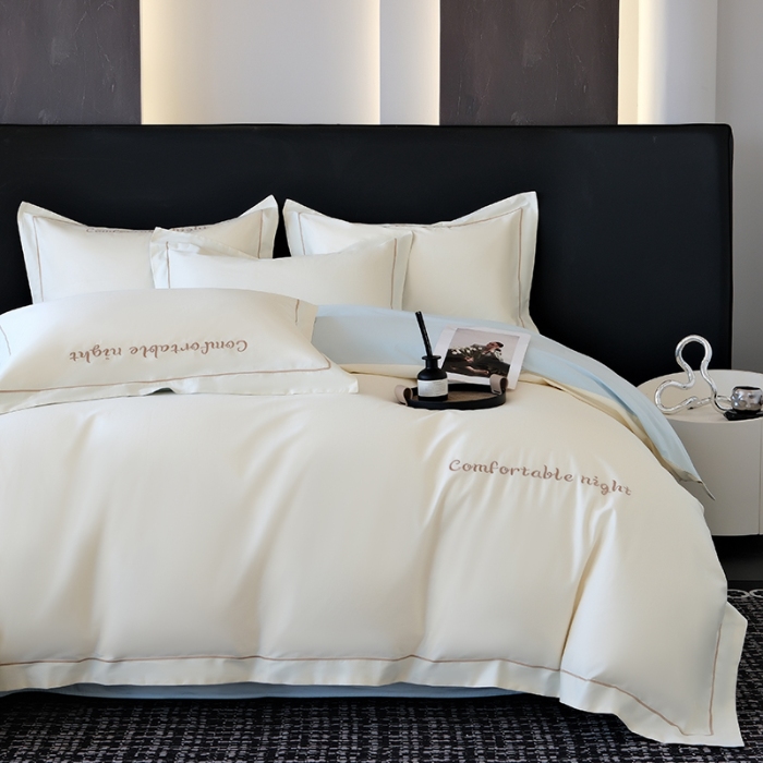 91家纺网 家纺一手货源 找家纺 （总）2025新款全棉长绒棉双拼四件套刺绣轻奢床上用品-简约