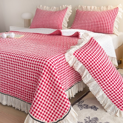 91家纺网 家纺一手货源 找家纺 （总）2025高克重加厚牛奶绒无印风格子床盖蕾丝花边织带花边宝宝绒婴儿绒简约风单床盖床褥全棉花边床单三件套