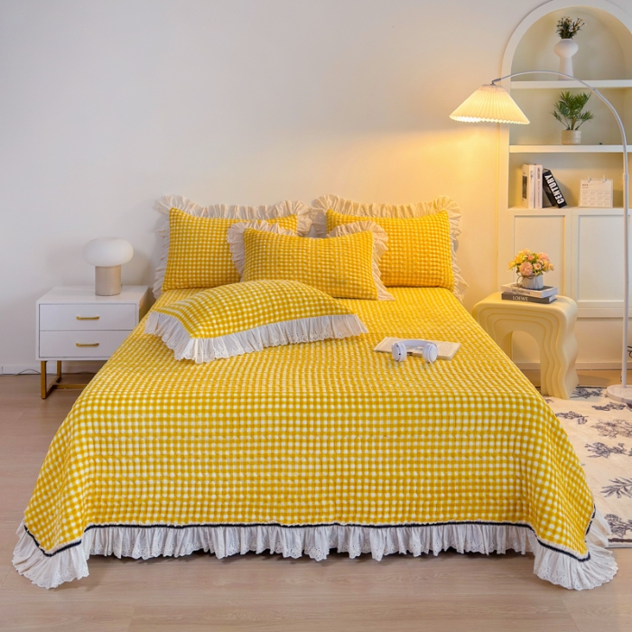 91家纺网 家纺一手货源 找家纺 （总）2025高克重加厚牛奶绒无印风格子床盖蕾丝花边织带花边宝宝绒婴儿绒简约风单床盖床褥全棉花边床单三件套