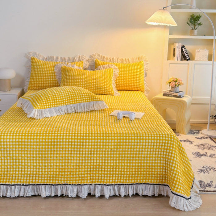 91家纺网 家纺一手货源 找家纺 （总）2025高克重加厚牛奶绒无印风格子床盖蕾丝花边织带花边宝宝绒婴儿绒简约风单床盖床褥全棉花边床单三件套